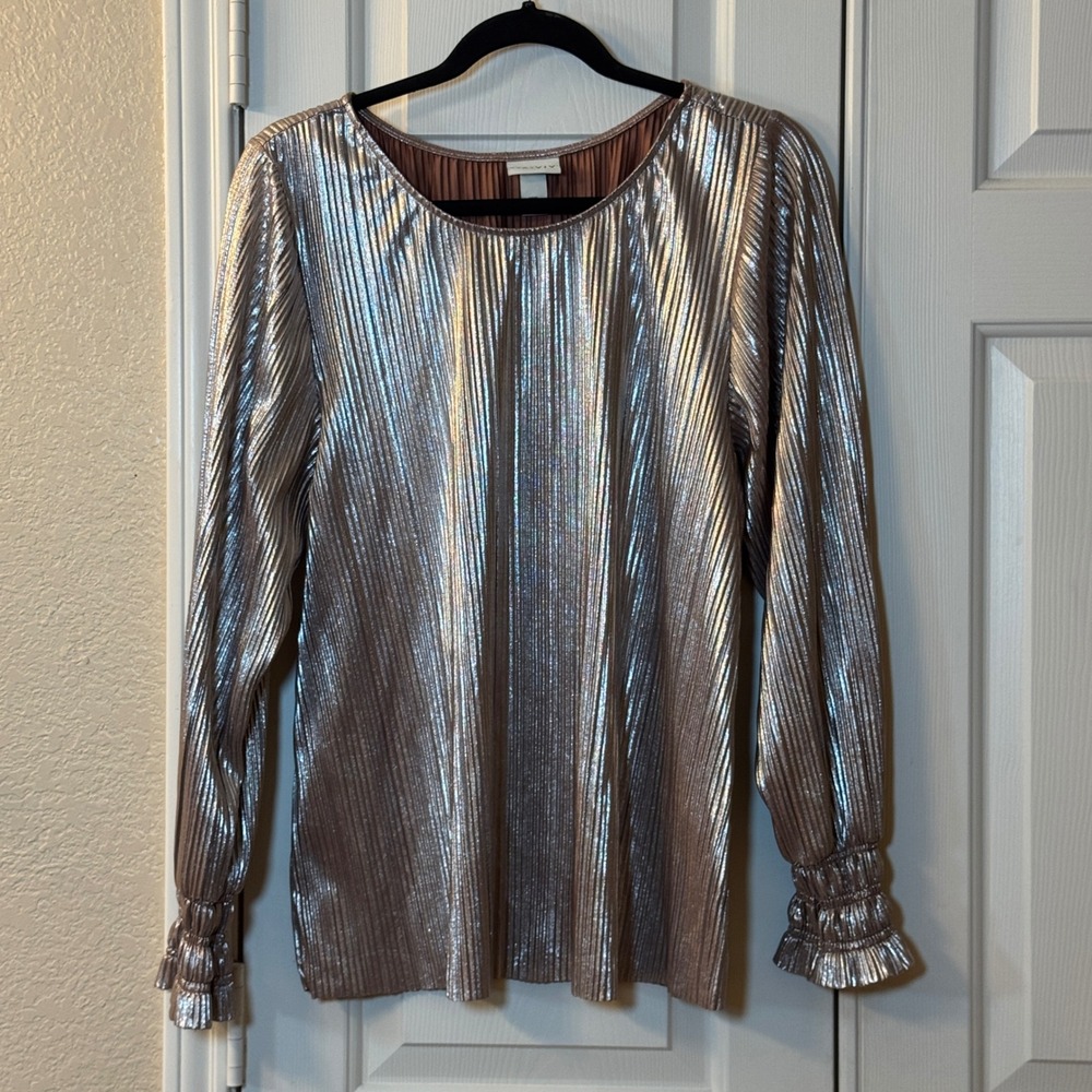AVA & VIV Women's Plus Micro Pleated‎ Shiny Rose Gold Long Sleeve Top Sz XXL